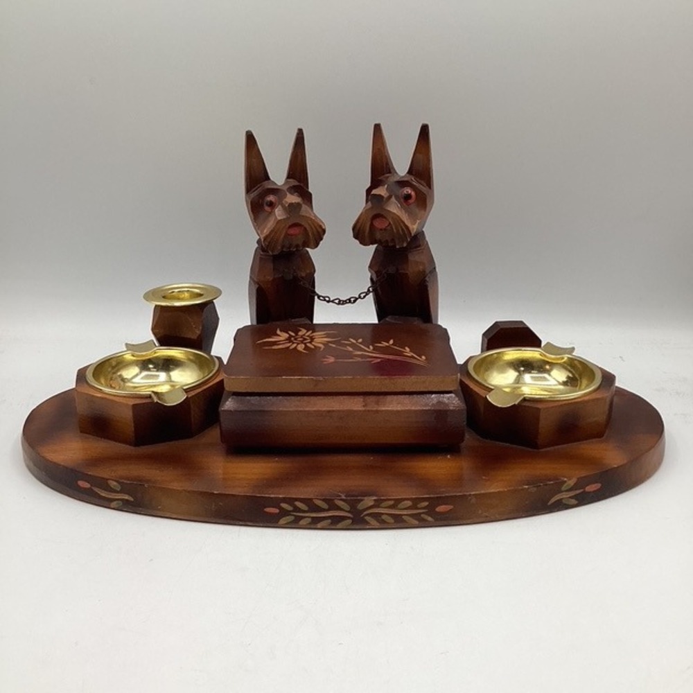VTG  Wooden Dog Ashtray Set‎ with Lidded Cigarette Box and Match Holder Germany